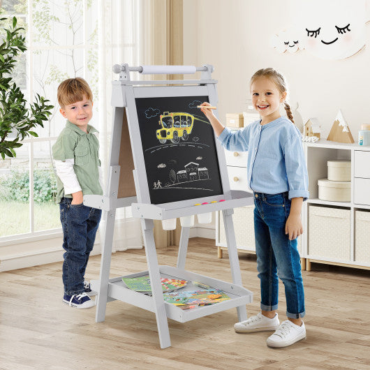 3-in-1 Double-sided Art Easel with Chalkboard and Magnetic Whiteboard-Gray