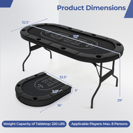 72 Inch Foldable Poker Table for 8 Players Portable Oval Card Board Game Table-Black