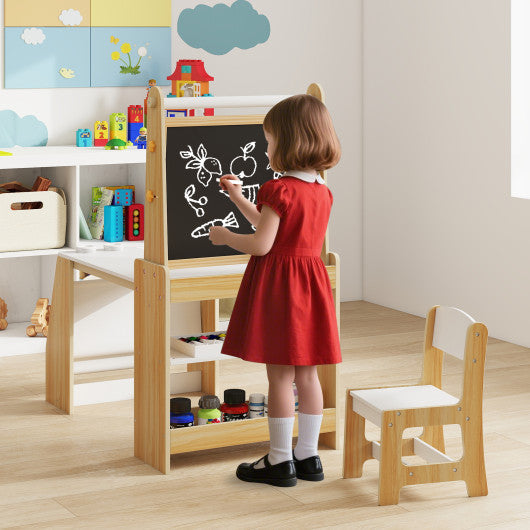 Kids Art Table and Chair Set with Easel and Chair for Drawing Reading-Natural