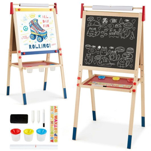 All-in-One Wooden Height Adjustable Kid's Art Easel with Magnetic Stickers and Paper